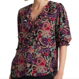 Lauren RL Black Label Floral Ruffle V-Neck Blouse